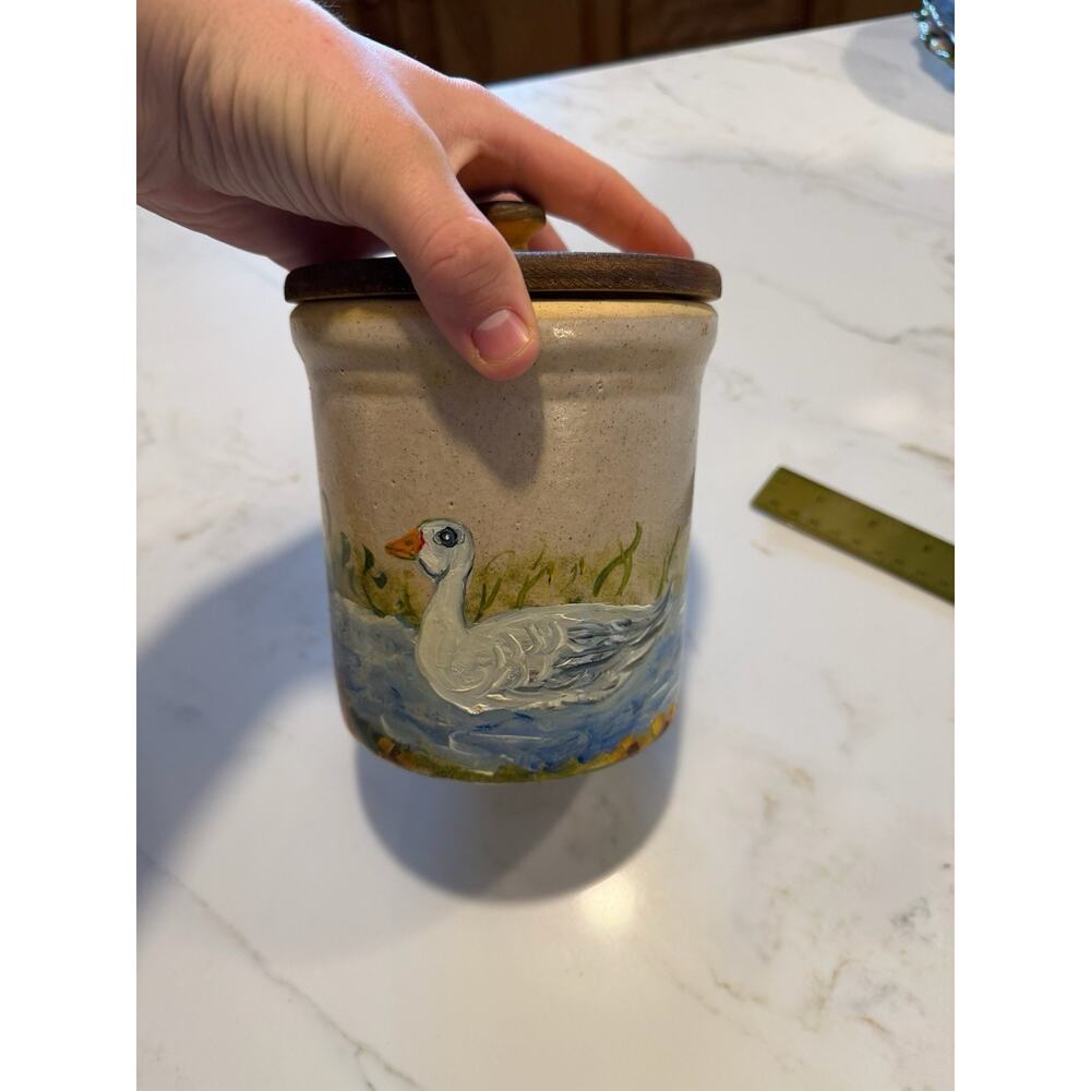 Hand-painted Duck Ceramic Butter Crock with A Wooden Lid. Used